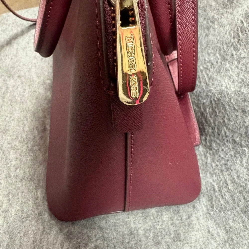Michael Kors Burgundy Saffiano Dome Satchel Crossbody Shoulder Bag Minimalist - Picture 9 of 16